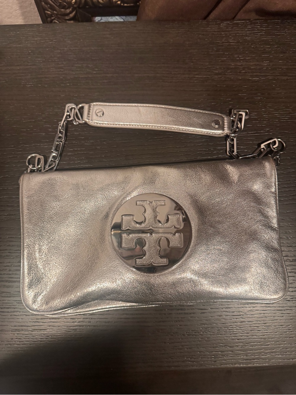 Tory Burch Metallic Silver Logo Shoulder Clutch